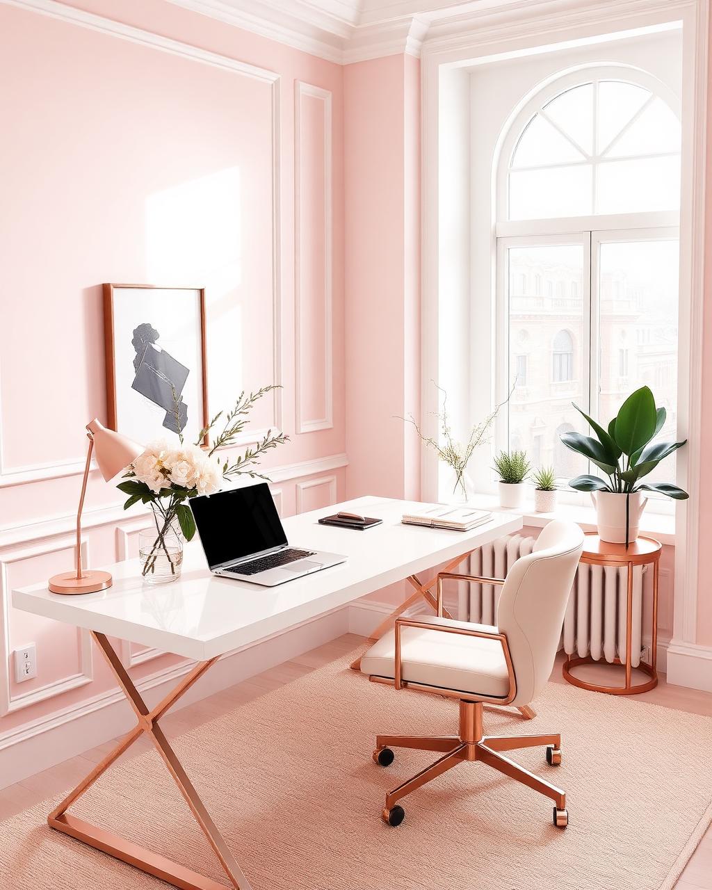Elegant blush pink home office with rose gold accents