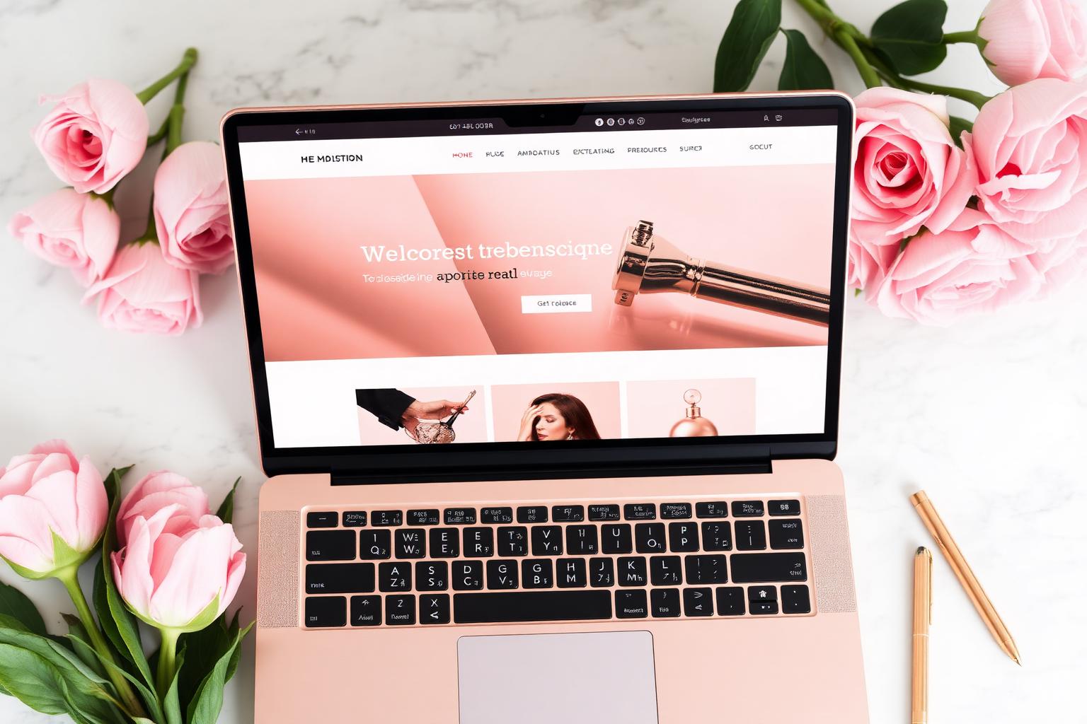 Elegant rose gold laptop workspace with pink florals