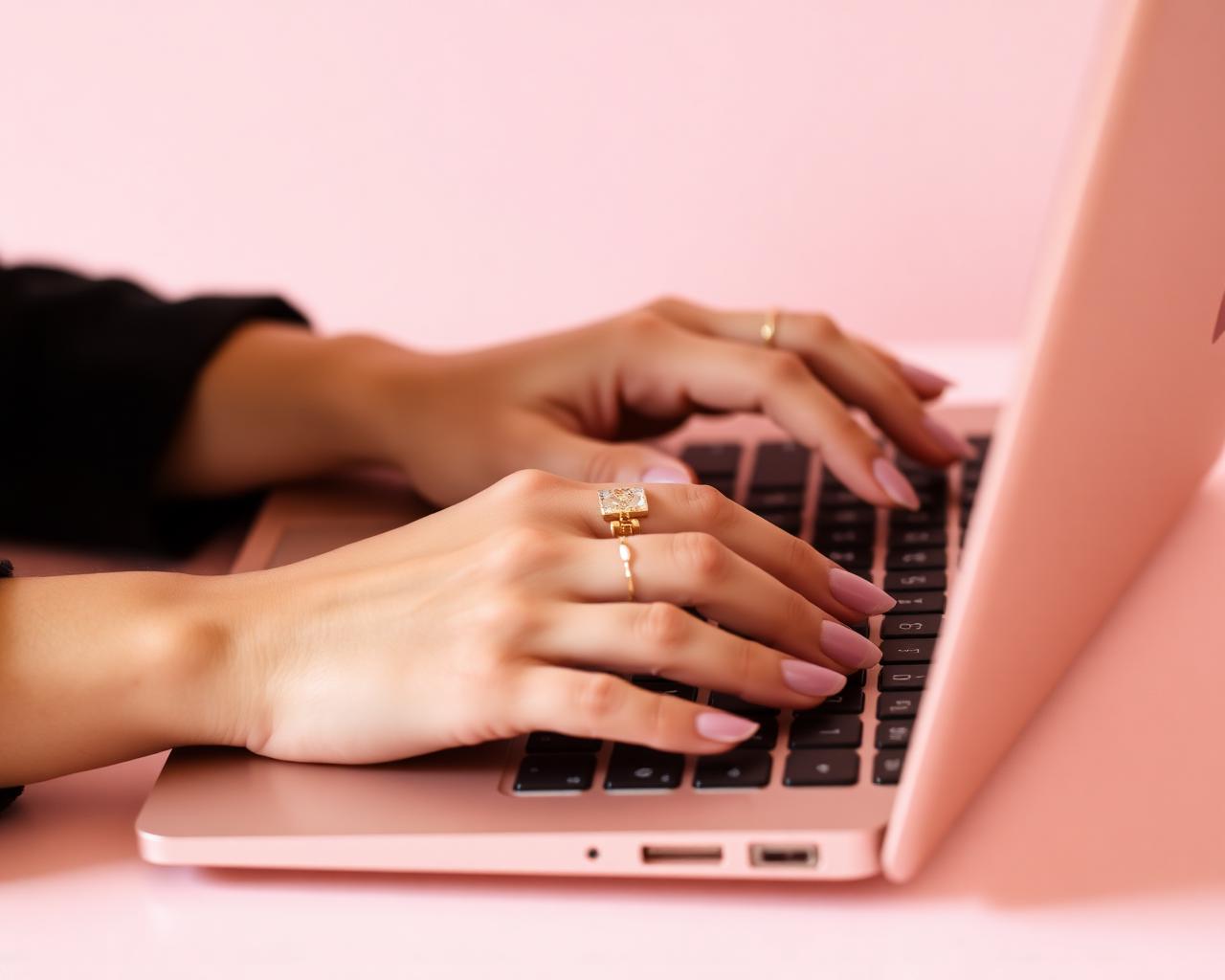 Hands working on a rose gold laptop